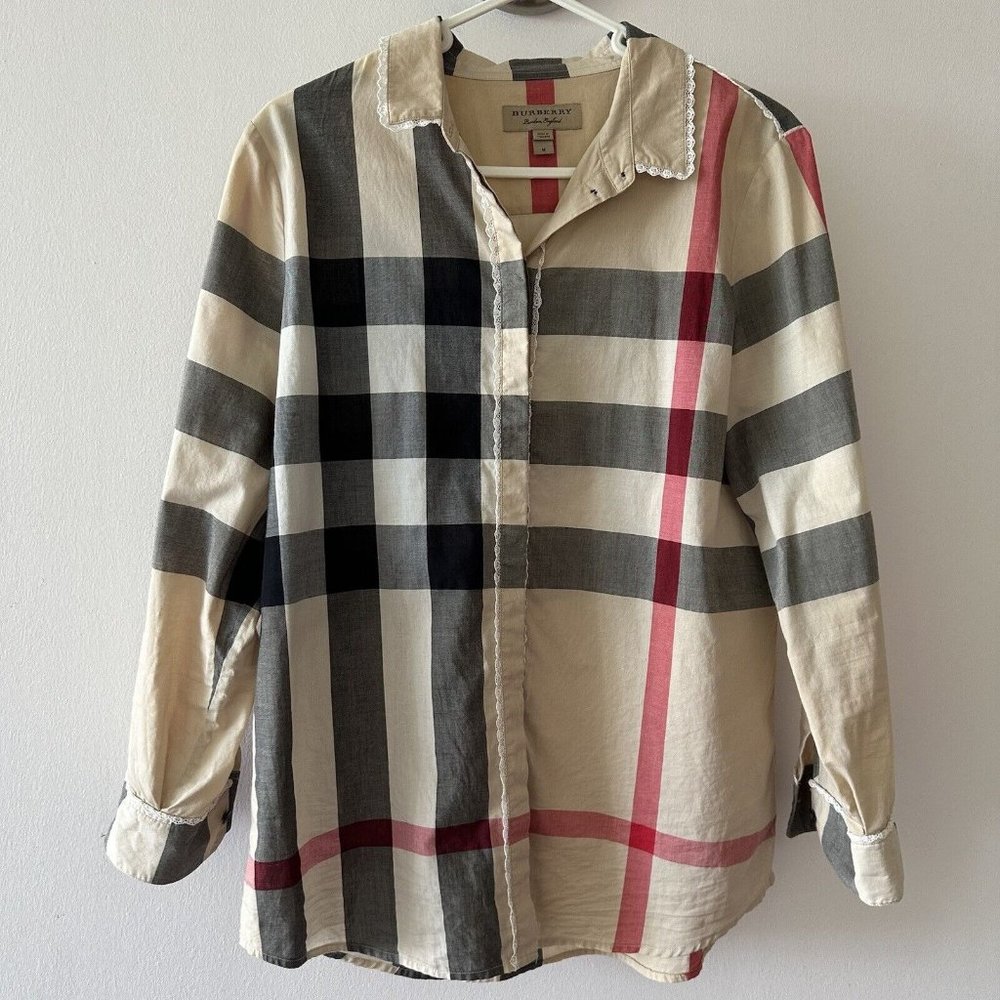 Burberry Shirt Checked 3/4 Lace Sz M Button Down Top Women’s